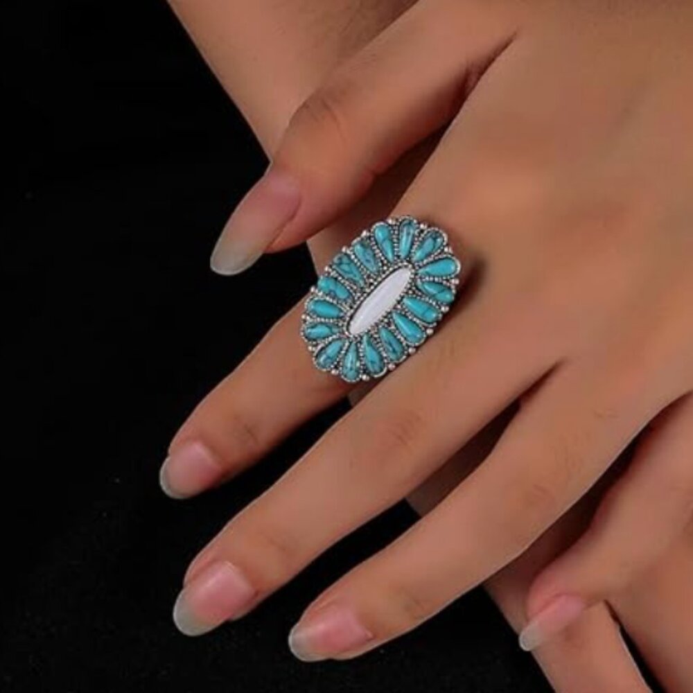 Flower Turquoise Statement Resizable Ring - image 2